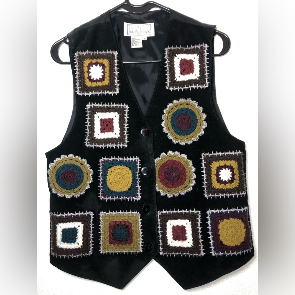 Erez Levy Leather Vest with Black Crochet Patches, Size M